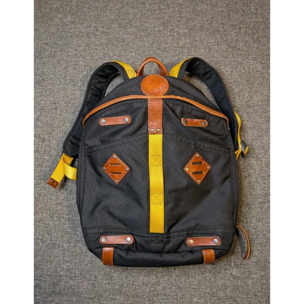 Will Leather Goods Brown Leather Canvas Backpack Black / Yellow School Book Bag